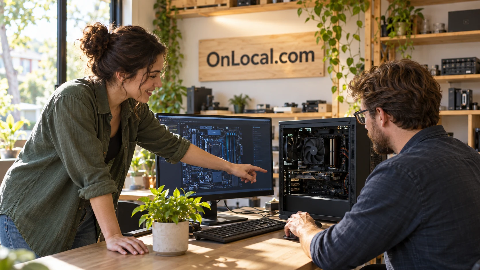 Local technology providers working together on a computing setup